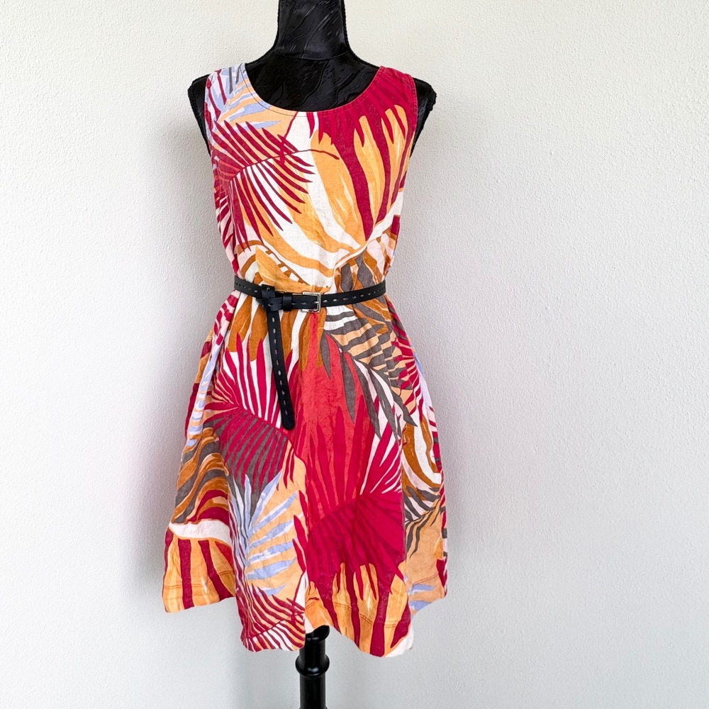 C&C California Linen Tropical Palm Print Shift Dress‎ Women L Multicolor